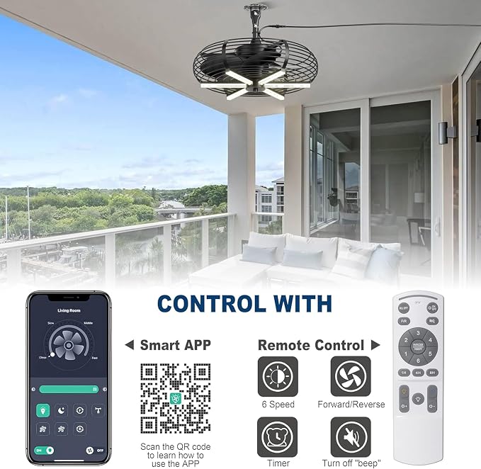 Coolbull Outdoor Ceiling Fans with Lights, 20'' Hanging Fan, Plug and Play | Wet Rated, Remote & APP Control Outdoor Fan with Hook for Gazebos, Patios, Porches, Wood Color