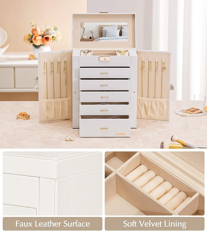 Homde Jewelry Box Large for Women: 6 Layers 5 Drawers Organizer with Mirror for Ring Earring Necklace - Storage Holder with Lock for Dresser - Ideal Gift Case (White)