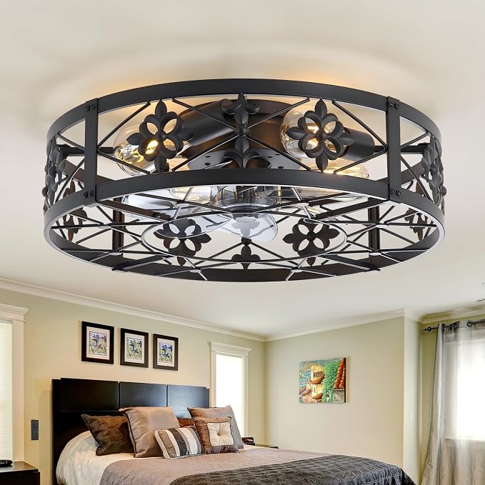 ZYD Caged Ceiling Fan with Light, 20" Ceiling Fan with Lights and Remote Flush Mount, Bladeless Caged Ceiling Fans with Lights, Matte Black Rustic Fan for Bedroom, Kitchen, Dining Room