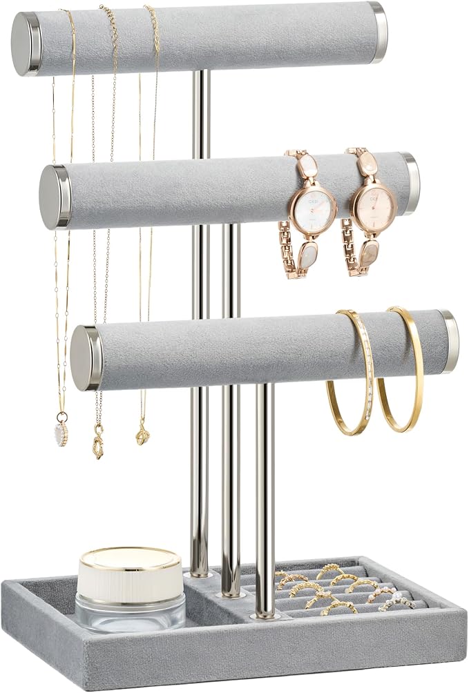 Jewelry Organizer Stand Display, 3 Tier Velvet Bracelet Holder, Grey | Jewelry Organizers and Storage | Jewelry Tree | Jewelry Towers for Necklaces, Bracelets, Earrings, Rings