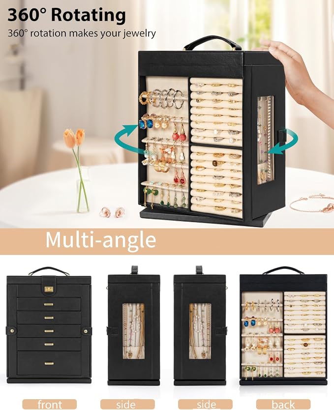 AKOZLIN 6-Tier Jewelry Box Organizer Functional 5 Drawers Leather Jewelry Storage Case for Women Girls Ring Necklace Earring Bracelet Holder Organizer with Mirror XL Black 360° Rotating