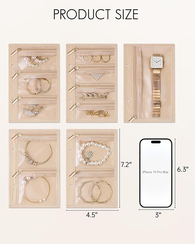 VLANDO Travel Jewelry Bags,Jewelry Storage Pouch,5 Pcs Clear Velvet Zipper Pockets Bag for Travel Business Trip Jewelry Organizer for Women Girls
