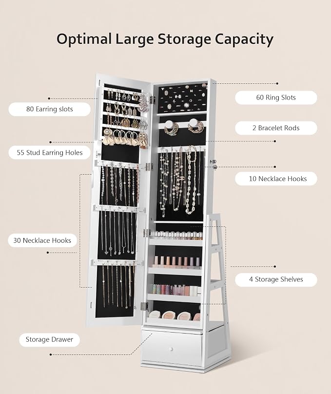 Nicetree 360° Swivel Jewelry Cabinet, Rotatable Full Length Mirror with Jewelry Storage, Standing Jewelry Armoire Organizer, Lockable Jewelry Organizer with 3 Rear Shelves, Bottom Drawer, Pure White
