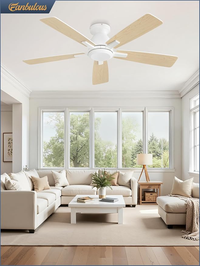 Fanbulous 46 Inch Flush Mount Ceiling Fan No Light with Remote, White | Modern Low Profile Without Light, 6-Speed, Quiet Reversible DC Motor, Indoor/Outdoor Use, for Bedroom, Living Room, Patio
