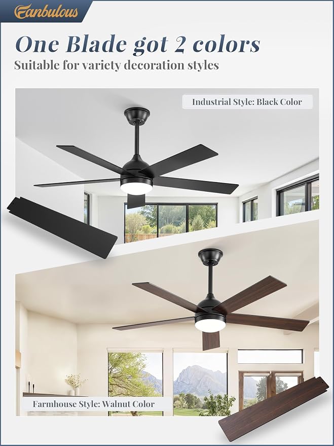 Fanbulous 48 Inch Ceiling Fan with Light and Remote, Black Ceiling Fans with Light, 5 Dual-Color Blades, Reversible Quiet DC Motor, 6 Speeds, 3CCT Adjustable LED for Bedroom Living Room Kitchen Patio