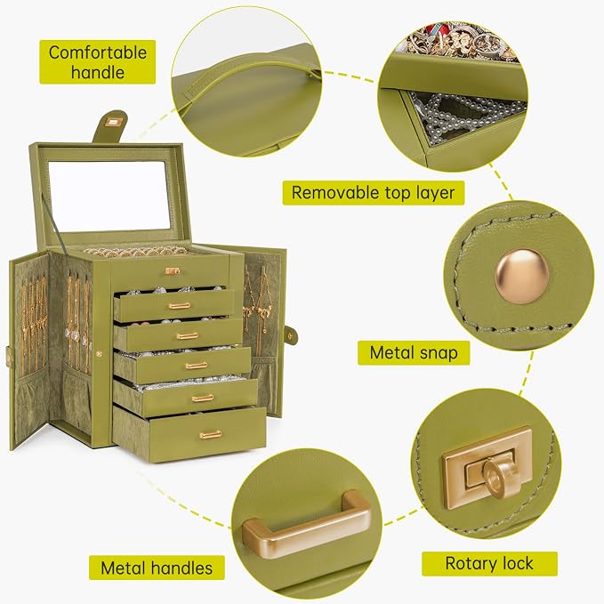 AKOZLIN 6-Tier Jewelry Box Organizer Functional 5 Drawers Leather Jewelry Storage Case for Women Girls Ring Necklace Earring Bracelet Holder Organizer with Mirror Medium Green