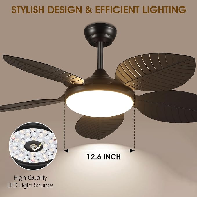 Wiviniya 48 Inch Tropical Ceiling Fans with Lights, Palm Leaf Outdoor Ceiling Fan with Light for Patios Porch Bedroom Living Room, Remote/APP Control, Reversible Quiet DC Motor, Dimmable LED, Black