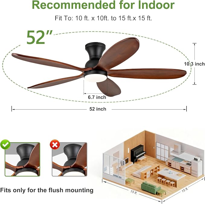 52 Inch Flush Mount Ceiling Fans with Lights, Remote, Dimmable, Power-Off Memory, Quiet DC Motor,5 Blades Wood Ceiling Fan with Light, Low Profile Outdoor/Indoor Hugger Ceiling Fan for Patio