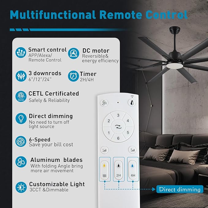 72 lnch lndustrial Smart Celing Fan with Light and Remote Control via WIFI Alexa,Large Celing Fan with 8 Black Aluminum Blades,6 Speed Noiseless DC Motor,Indoor Outdoor Ceiling Fans for Patio Garage