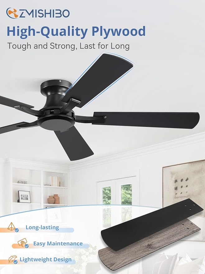ZMISHIBO 52 Inch Ceiling Fan No Light, Flush Mount Low Profile, Modern Black Ceiling Fan Without Light, Remote Control & Quiet DC Motor, for Indoor&Outdoor, Bedroom, Living Room