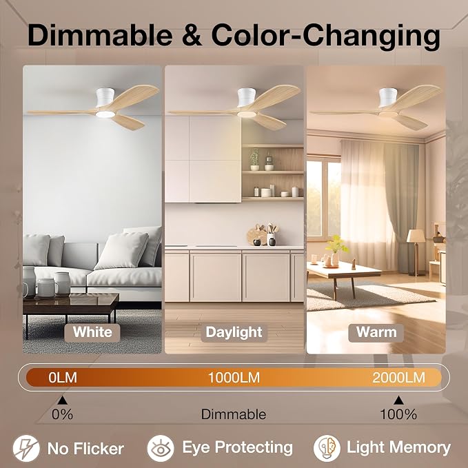 52” Wood Ceiling Fans with Lights Remote,Low Profile Flush Mount Ceiling Fan with Light,Outdoor Indoor Modern Ceiling fans for Bedroom Living room Patio,Light Wood&White,3 Blades,Dimmable LED,Quiet