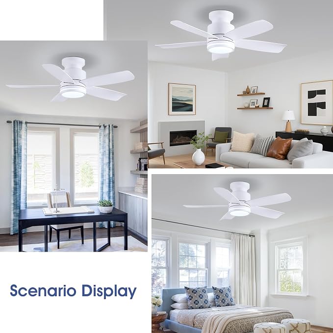 Wiviniya Ceiling Fans with Lights and Remote Control, 41 inch Low Profile Flush Mount Ceiling Fan, 3 CCT LED Dimmable Lights 5 Reversible Plastic Blades 6 Speeds for Bedroom Living Room, White