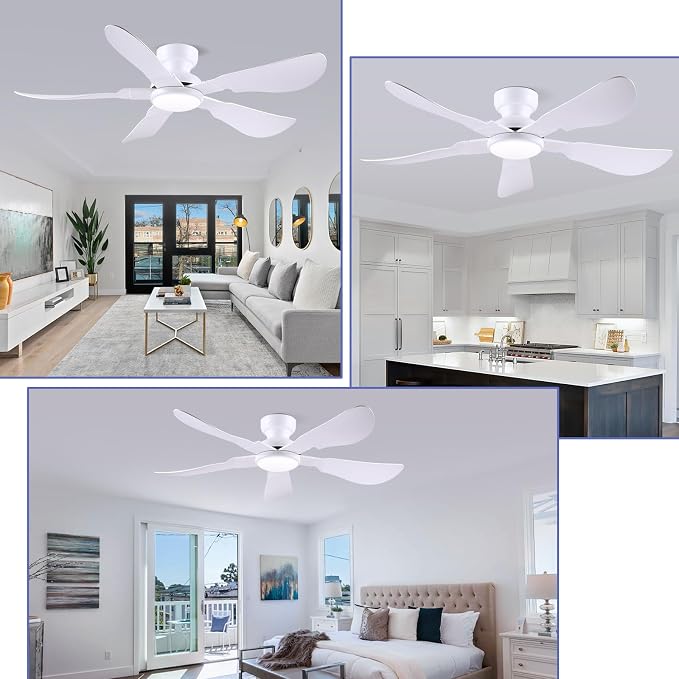 Kviflon 52 Inch Modern Ceiling Fans with Lights, Flush Mount Ceiling Fan with Light and Remote/APP Control, 5 Reversible 6 Speeds Curved Blades, 3 CCT Dimmable Lights for Bedroom, White