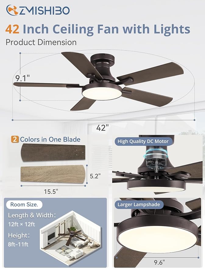 ZMISHIBO 42 Inch Flush Mount Ceiling Fan with Light, Remote&APP, Oil Bronze | 6-Speed Quiet DC Motor, Dimmable 24W LED with 3CCT (3000K-6500K), Modern Low Profile for Living Room, Bedroom, Kitchen