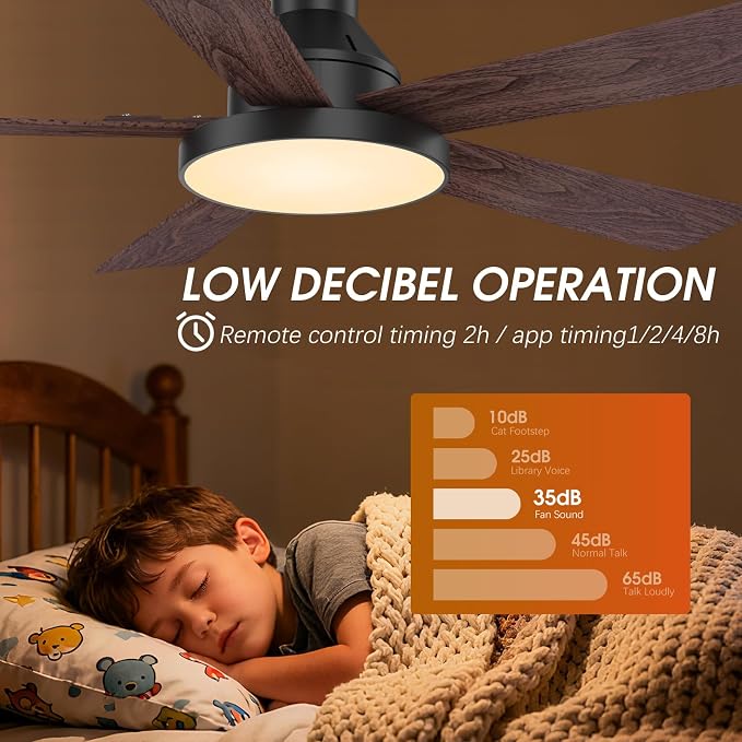 Ceiling Fans with Lights, 52 inch Low Profile Ceiling Fan with Light, Remote/App Control, Flush Mount Black Ceiling Fan for Bedroom, Indoor/Outdoor (Dark Wood)