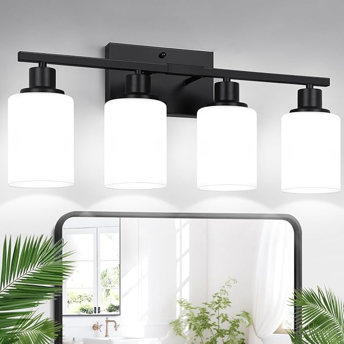 Indoi 4-Light Bathroom Light Fixtures, Matte Black Modern Vanity Lights with Milky White Shades, Bathroom Wall Lamp for Mirror Living Room Cabinet Bedroom Porch
