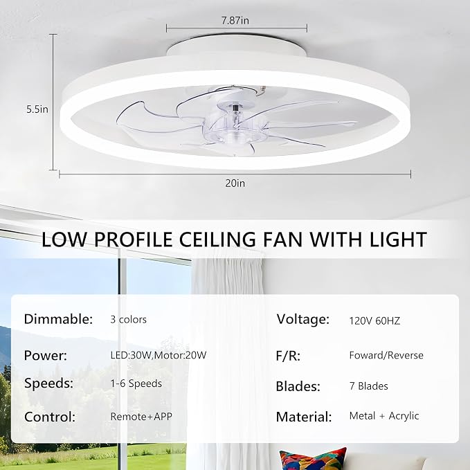 20" Low Profile Ceiling Fans with Lights and Remote & APP, Dimmable 3000-6500K LED Fandelier Ceiling Fan with Light, Modern Flush Mount Ceiling Fan Light for Living Room, Bedroom and Kitchen
