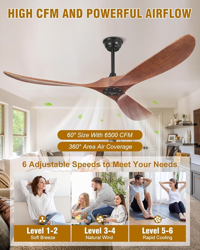 60 Inch Ceiling Fans Without Lights, 60" Outdoor Ceiling Fan No Light with Remote Control, 3 Solid Wood Blades, 3 Downrods, Timer, High CFM 6 Speeds ETL DC Motor Fans for Patios Indoor, Dark Walnut