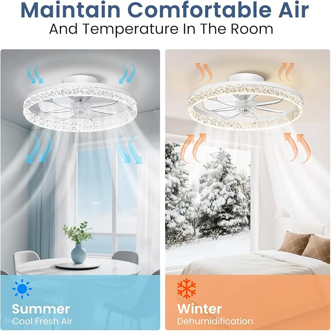 CHAREADA Ceiling Fan with Light, 20" Modern Low Profile Foldable Ceiling Fans with 6 Wind Speeds (Crystal White)
