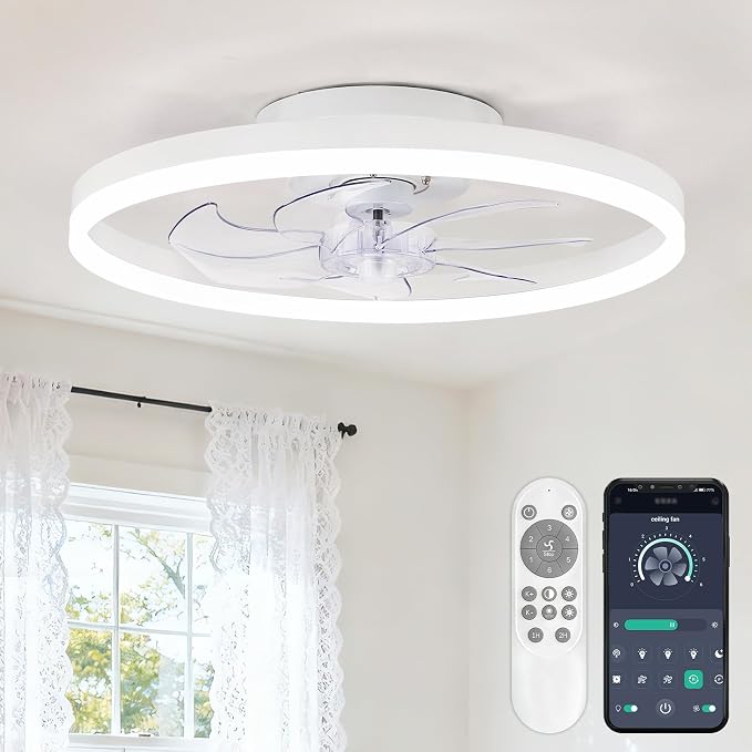 20" Low Profile Ceiling Fans with Lights and Remote & APP, Dimmable 3000-6500K LED Fandelier Ceiling Fan with Light, Modern Flush Mount Ceiling Fan Light for Living Room, Bedroom and Kitchen