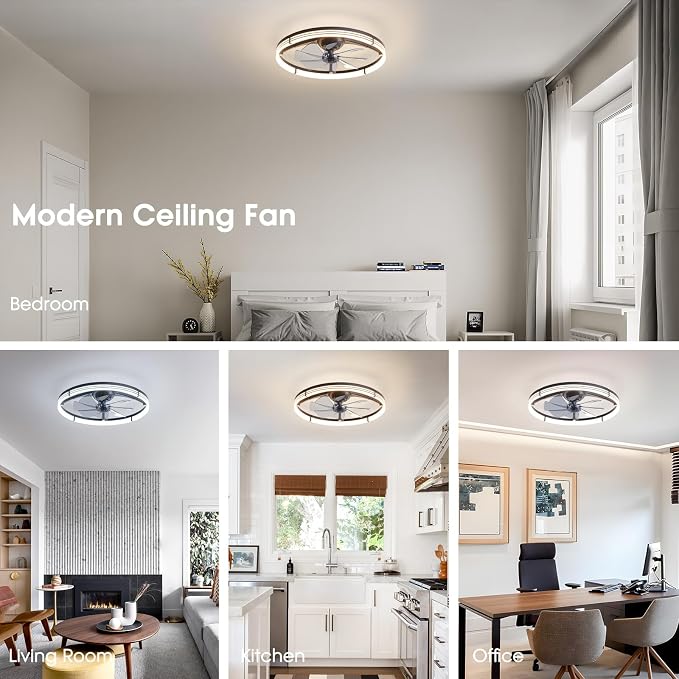LUDOMIDE 24 Inch Ceiling Fans with Lights and Remote, Modern Low Profile Ceiling Fan, Dimmable LED Light, Quite Reversible DC Motor, 6 Wind Speeds Flush Mount Ceiling Fans for Bedroom Indoor