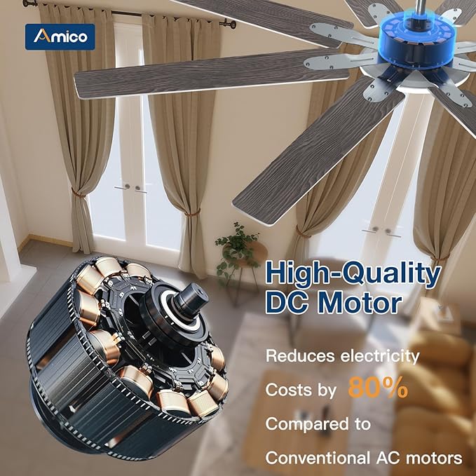 Amico 72 inch Brushed Nickel Ceiling Fan with Light, Large Modern Ceiling Fans with Remote, Reversible DC Motor, Dimmable 3CCT LED, Quiet Indoor/Outdoor for Living Room, Bedroom, Patio