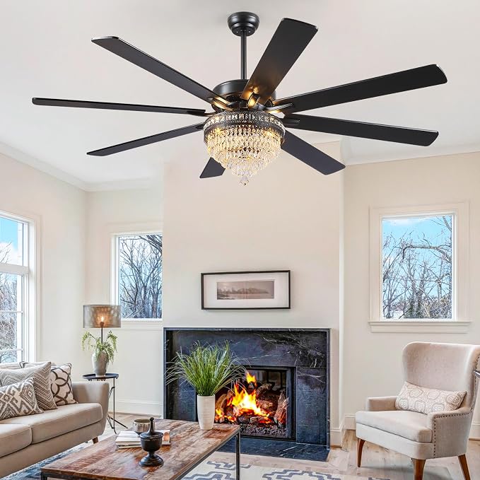 72 Inch Black Large Crystal Chandelier Ceiling Fans with Lights and Remote | Supports Remote and APP,6 Reversible Wind Speeds,60W Quiet AC Motor,8 Wooden Blades,4*E12 LED Bulbs Included,for Living Room