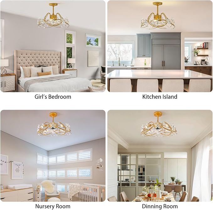 Ganeed 20.5“ Gold Crystal Fandelier Ceiling Fans with Lights, Crystal Diamond Flower Chandelier Ceiling Fan with Remote Control, Modern Caged Fandelier 6 Speeds for Girl's Bedroom, Living Room