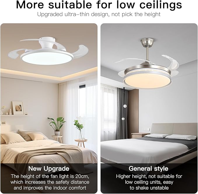 AHAWILL Retractable Ceiling Fan with Lights,42 Inch Low Profile Ceiling Fan with Remote Control,Retractable Blades,Dimmable Full Spectrum,Modern Fandelier for Bedroom Living Room Dinning Room,White