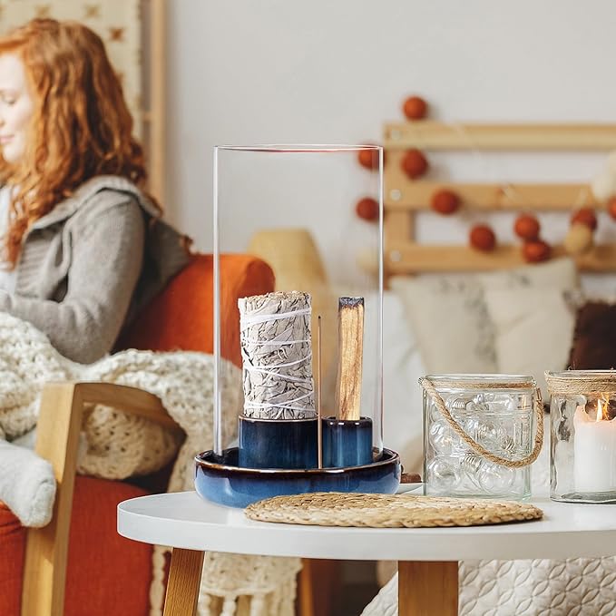 Incense Holder for Sticks with Glass Ash Catcher, Anti-Ash Flying, 4 in 1 Incense Burner Palo Santo Holder Insence-Stick Holder and Candle Holder for Burning Sage and Sticks for Burning