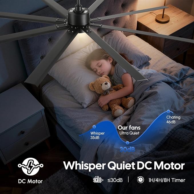 72 Inch Waterproof Outdoor Ceiling Fan with Light, Smart Ceiling Fan with Alexa/APP Control, 8 Modern Black Aluminum Blades, Large Airflow Reversible Quiet DC Motor, Wet-Rated for Patios Gazebo Garage