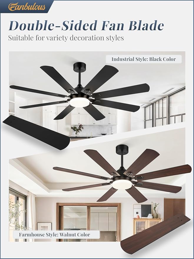 Fanbulous 62 Inch Ceiling Fans with Lights, Black Modern Ceiling Fan with Remote,Large Farmhouse Indoor & Outdoor Ceiling Fan with 8 Dual Finish Blades, Quiet DC Motor, Bright LED Light