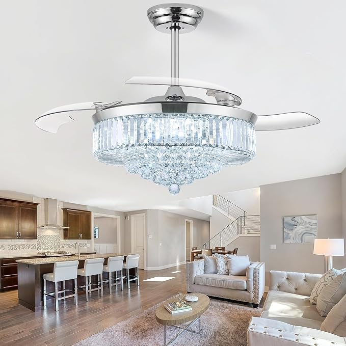 48 Inch Fandelier Ceiling Fans with Light, Chandelier Ceiling Fan, Retractable Ceiling Fan for Bedroom, Living Room, 3 Color Change, LED Dimmable, 6 Speeds, Reversible DC Motor- Chrome