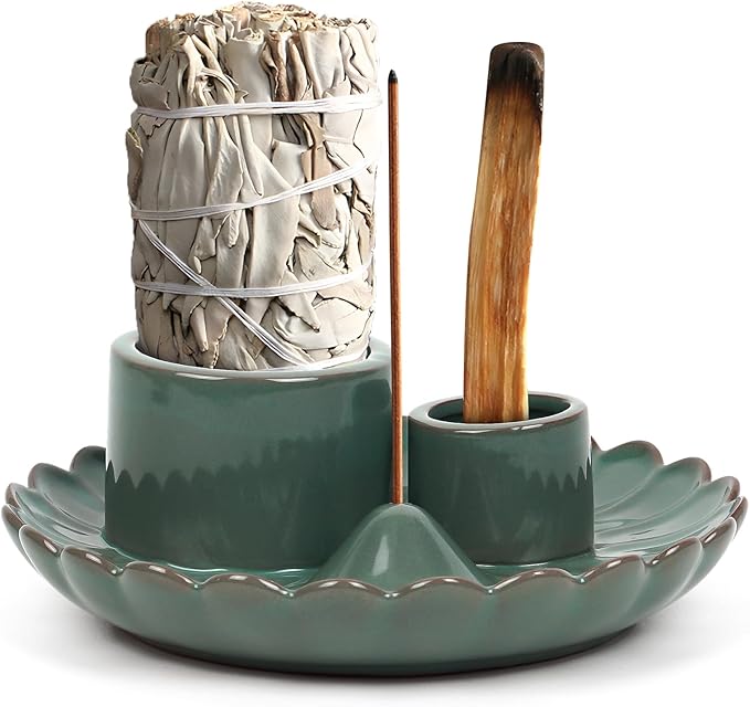 4 in 1 Incense Holder, Ceramic Incense Burner, Palo Santo Holder, Ash Catcher Tray for Meditation Room, Candle Holder for Burning Sage (Green)