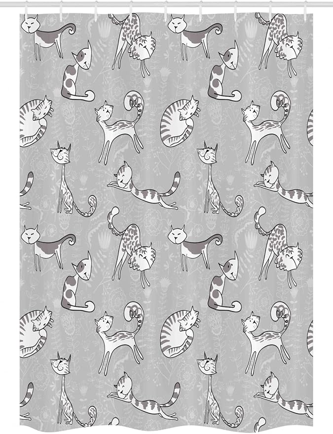 Ambesonne Grey Stall Shower Curtain, Cats Posing Over Floral Background Feline Kitten Kitty Cartoon Art Prints, Fabric Bathroom Decor Set with Hooks, 54" W x 78" L, White