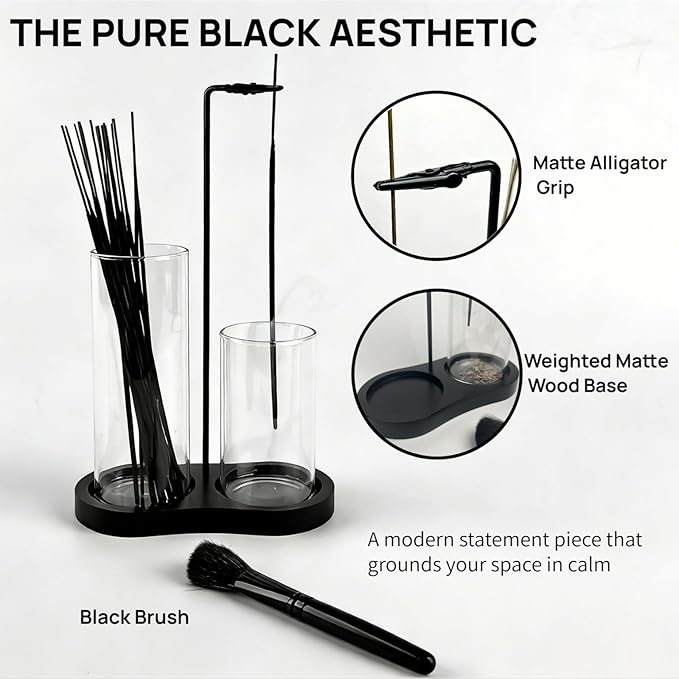 2 in 1 Black Incense Holder for Sticks with Glass Ash Catcher, Anti-Ash Incense Burner for Yoga Meditation Spa, Sleek Minimalist Decor & Incense Holder for Men, Includes Ash Brush