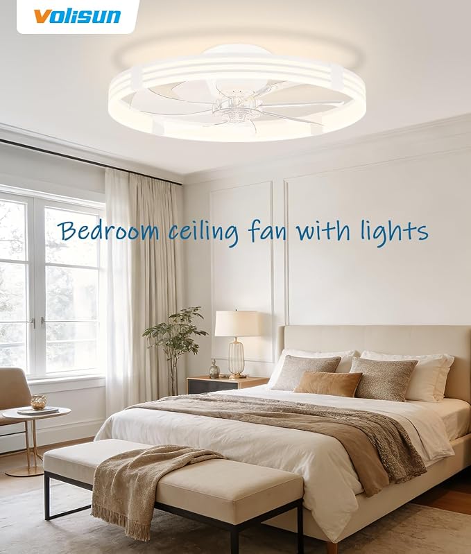 VOLISUN Low Profile Ceiling Fans with Lights and Remote, 24in Flush Mount Ceiling Fan with Light, 3000K-6500K Dimmable Fandelier LED Fan Light, White Bladeless Ceiling Fans with Lights for Bedroom