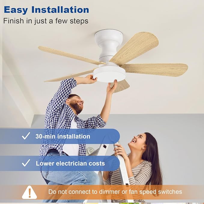 Depuley Small Ceiling Fan with Lights: 35-Inch Flush Mount Fan with Light and Remote - Low Profile Ceiling Fans Reversible Quiet DC Motor for Bedroom Living Room Indoor Outdoor, Wood Color