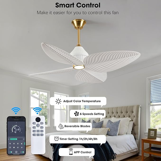 52" Tropical Ceiling Fans with Lights, Indoor Palm Leaf Ceiling Fan with Light and Remote for Living Room Bedroom, ABS Blades, Dimmable LED Lights, 6 Speeds, Adjustable Height-White Gold