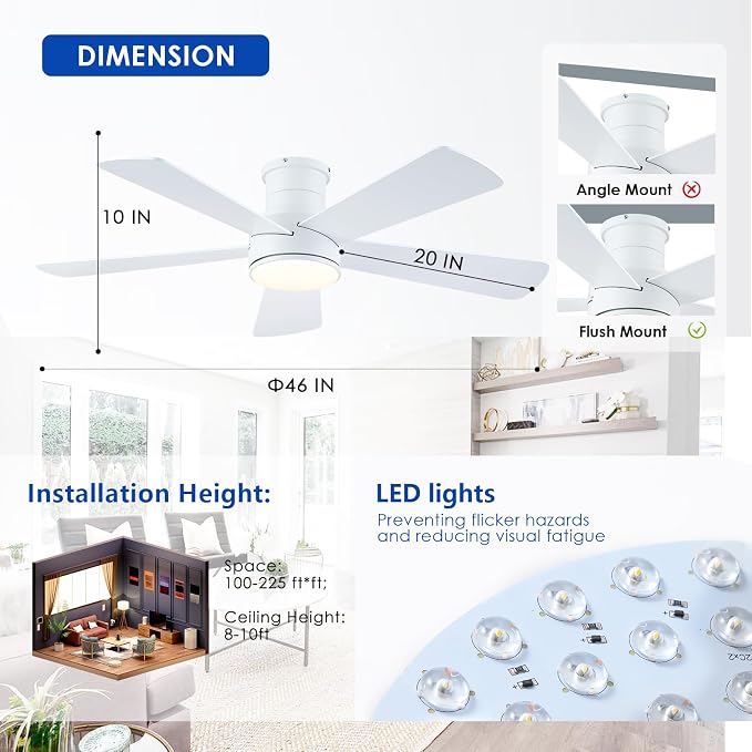 Hounberi 46 Inch Flush Mount Ceiling Fan with Lights and Remote, Modern Quiet DC Motor Low Profile Ceiling Fan for Low Ceilings, 5 Reversible Blades, 6 Speeds Dimmable, Indoor Outdoor Bedroom, White