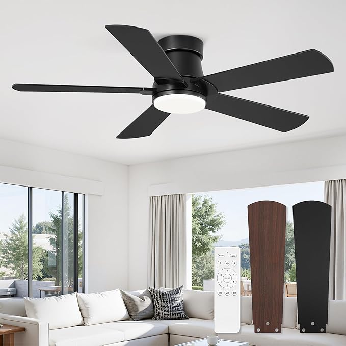 Fanbulous 42” Ceiling Fans with Lights and Remote, Flush Mount Ceiling Fan | Low Profile,Black Modern Ceiling Fan with LED Light, 5 Blades, 3CCT, 6 Speeds,Timer,Bedroom, Indoor, Outdoor,Living room