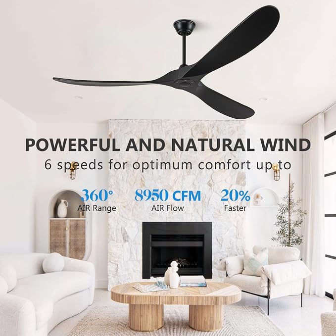 Eliora 72 Inch Ceiling Fan With Remote And Wall Switch,Large Wood Ceiling Fan Without Light 3 Blades,Outdoor Ceiling Fans 6 Speed,Quiet DC Motor for Patios-Black