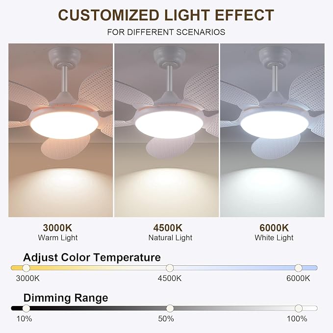 48"White Tropical Style Palm Leaf Ceiling Fans with Lights and Remote & APP | Supports Remote and APP, 6 Wind Speeds, Reversible, Dimmable 3CCT LED, 35W Quiet DC Motor,Suits for Bedroom Kitchen