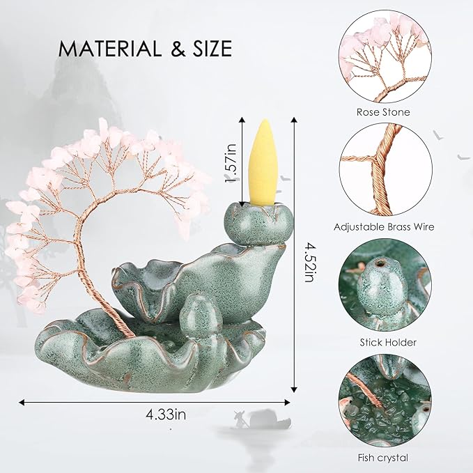 Incense Waterfall Moon Backflow Incense Burner Ceramic Incense Holders Rose Stone Crystal Tree Incense Holder Namaste Yoga Meditation and Home Decor