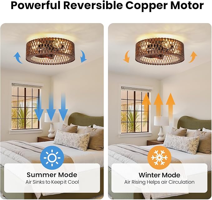 20" Flush Mount Ceiling Fan with Light, Wooden Caged Low Profile Fandelier with Remote, 6-Speed Reversible Bladeless Fan, Farmhouse Ceiling Fan for Bedroom, Kitchen, Living Room