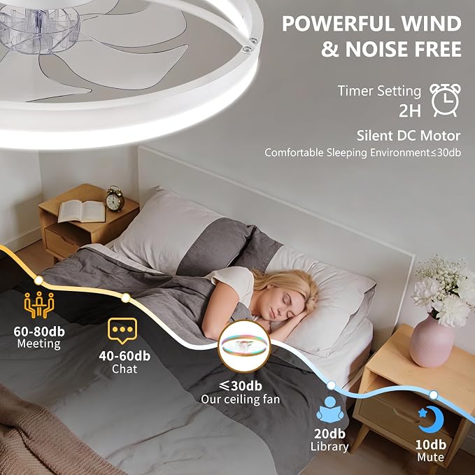 20" Low Profile Ceiling Fans with Lights and Remote & APP, Dimmable 3000-6500K LED Fandelier Ceiling Fan with Light, Modern Flush Mount Ceiling Fan Light for Living Room, Bedroom and Kitchen