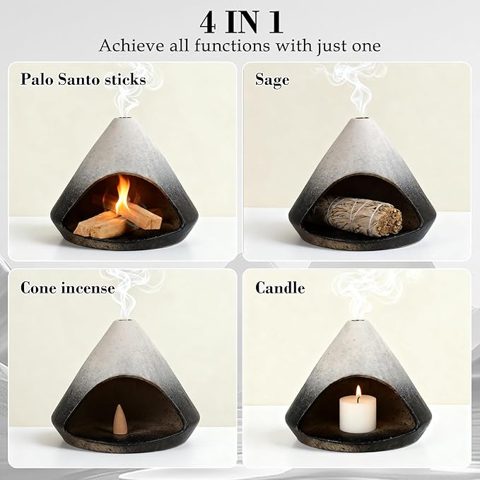 Incense Burner Holder for Palo Santo Sticks,Sage,Cone,Mountain-Inspired Handcrafted Ceramic Ash Catcher Smudge Bowl for Yoga Meditation Energy Cleansing Room Décor,Black