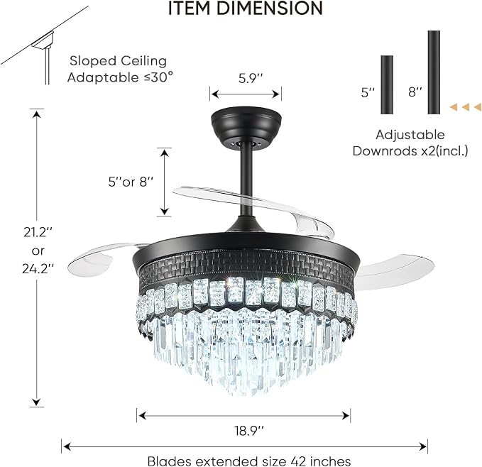42" Fandelier Ceiling Fan with Lights,Crystal Retractable Ceiling Fan with Light,Chandelier Fans for Bedroom,Living Room,Reverse Motor,6 Speeds,3 Color Temperatures,Remote & APP Control-Black