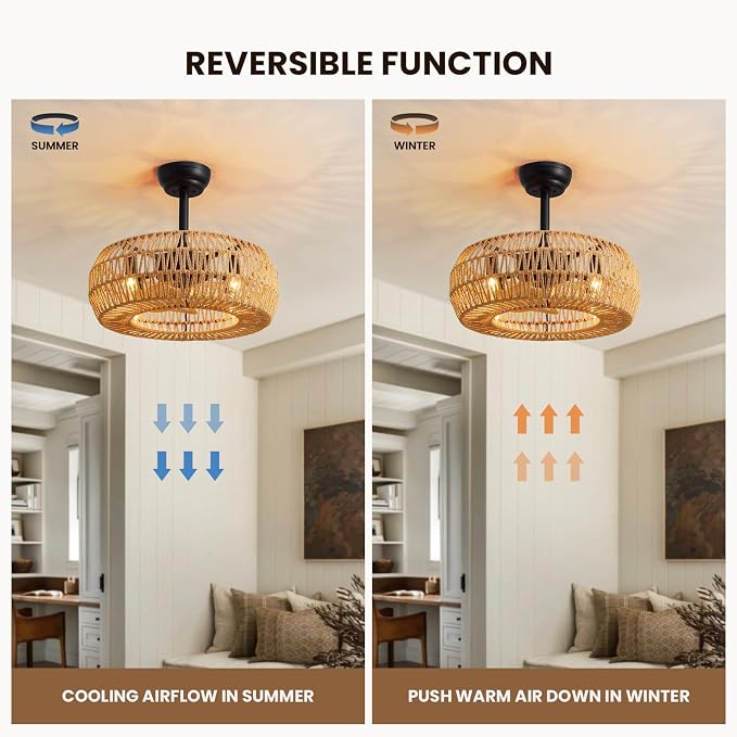 20" Boho Caged Ceiling Fan with Lights Remote Control, Rattan Cage Low Profile Bladeless Ceiling Fan, Farmhouse Ceiling Fans with Light for Kitchen, Bedroom, Dining Room