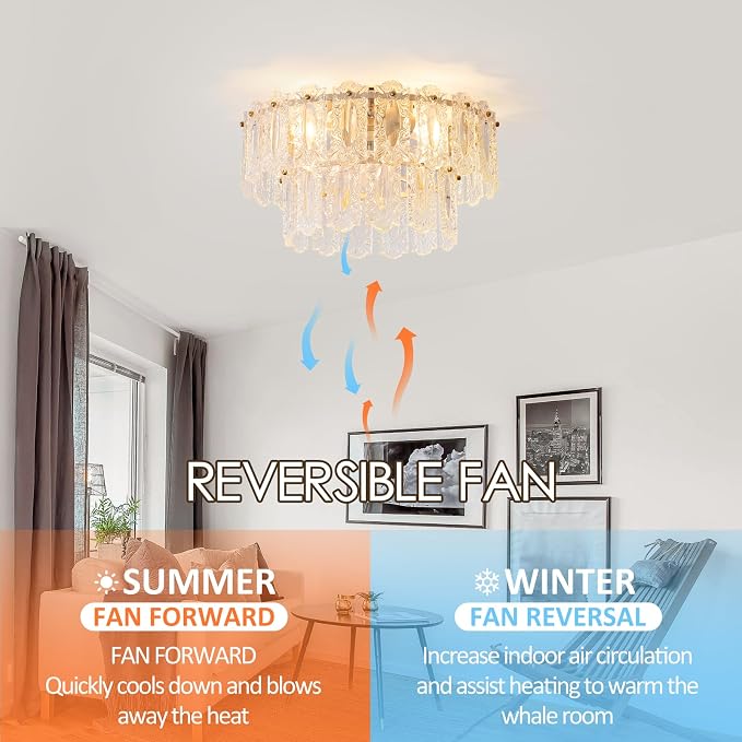 Crystal Caged Ceiling Fan with Light Flush Mount, 20inch Crystals Ceiling Fan with Light and Remote,Gold Crystal Fandelier Ceilings Fans with Lights for Bedroom,Nursery, Foyer